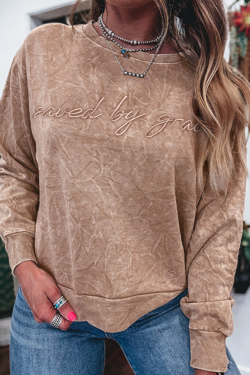 Sea Green saved by grace Letter Embroidery Mineral Wash Loose Sweatshirt