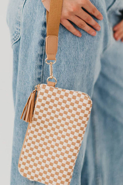 Chestnut Checkered  Woven Clutch Wristlet PU Leather Large Size Patterned Wallet