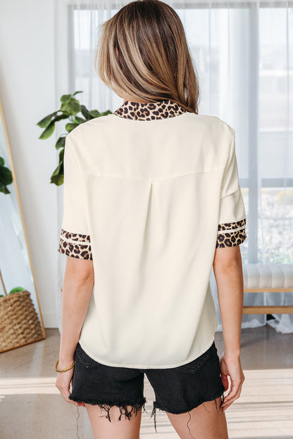 Violet Leopard Patchwork Trim Split Neck Short Sleeve Blouse