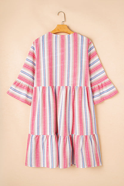 White Stripe Plus Size Embroidered Detail Flared 3/4 Sleeve V Neck Dress