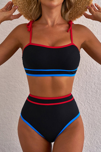 Ensemble bikini taille haute noir à trois couleurs