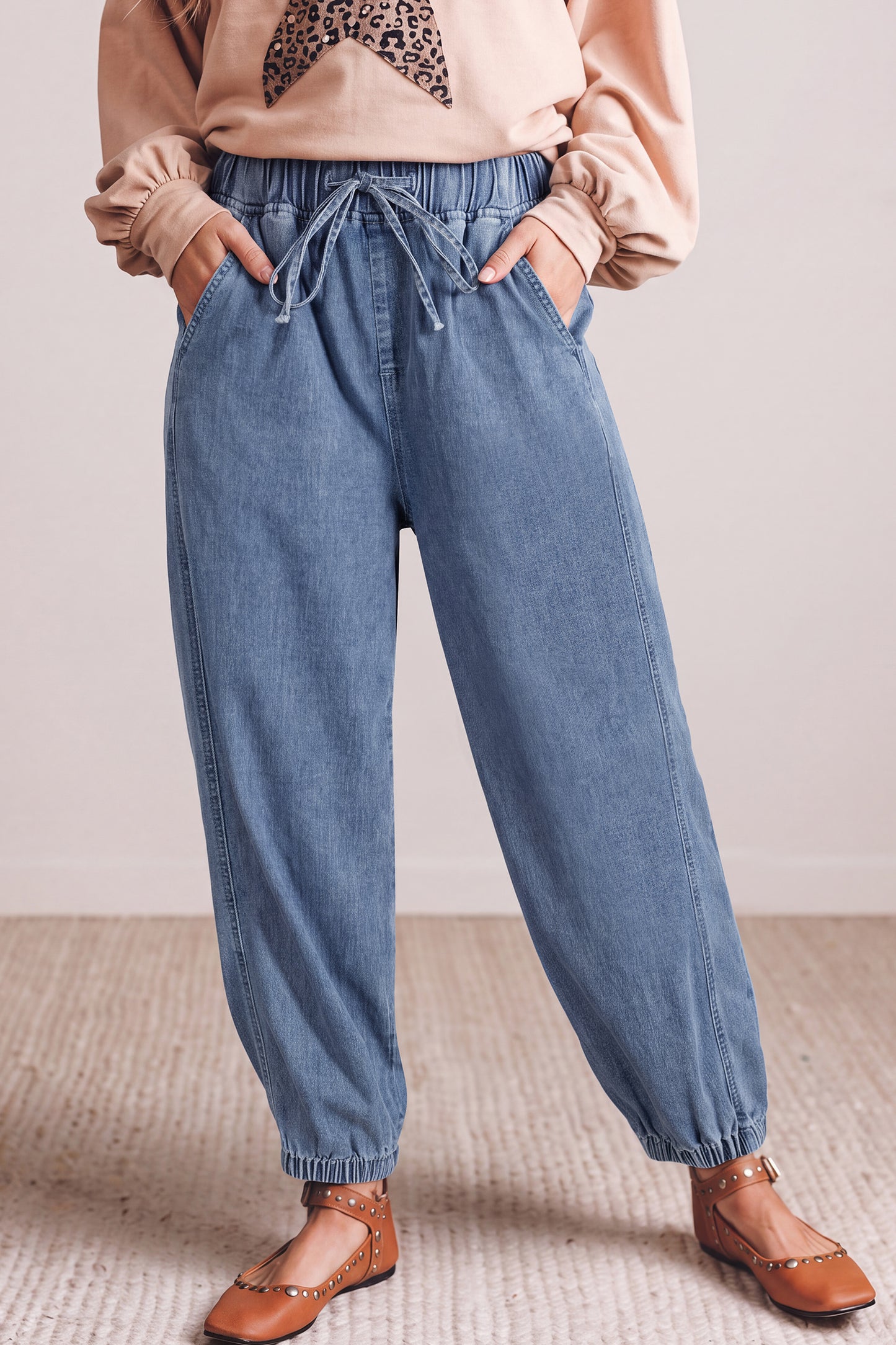 Dusk Blue Elastic Waist Harem Ankle Length Jeans