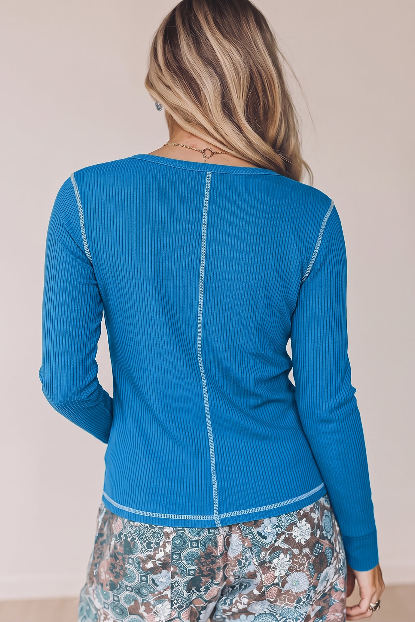 Peacock Blue V Neck Ribbed Stitched Detail Long Sleeve Top