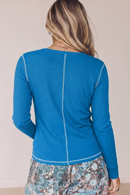Peacock Blue V Neck Ribbed Stitched Detail Long Sleeve Top