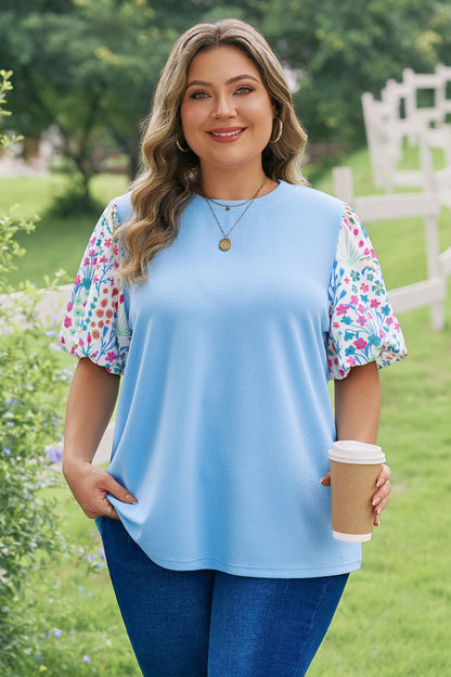 Light Blue Textured Bodice Contrast Floral Sleeve Plus Size Top