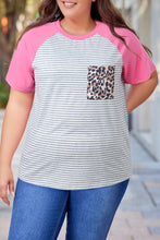 Stripe Leopard Patch Pocket Plus Size Raglan Sleeve Tee