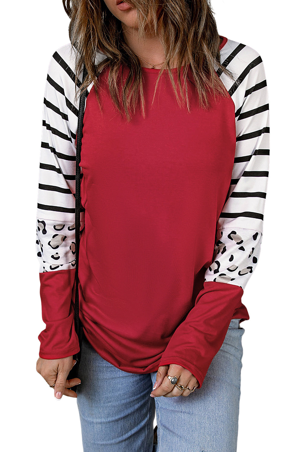 Black Striped Animal Print Colorblock Long Sleeve Top