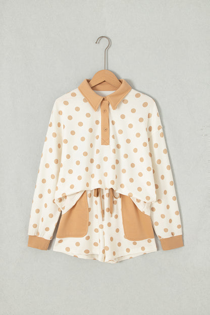 Khaki Polka Dot Drop Shoulder Polo Loose Pullover Patch Pocket Casual Shorts Set