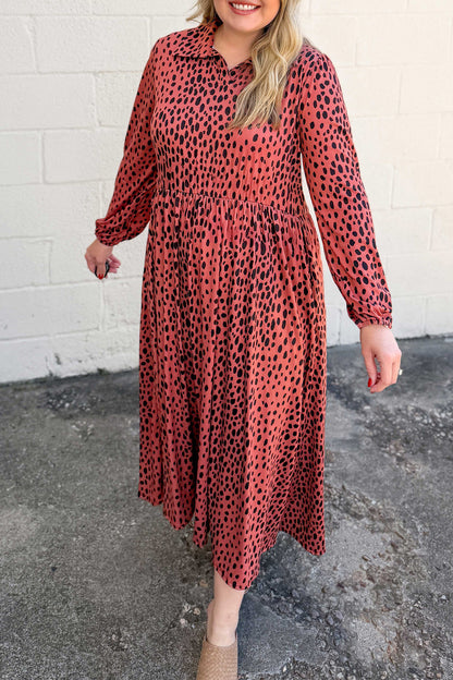 Red Leopard Print Long Sleeve V Neck Plus Size Midi Dress