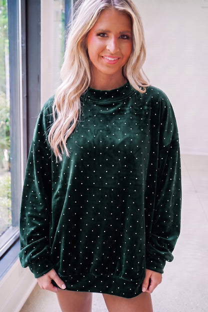 Blackish Green Velvet Polka Dot High Neck Tunic Pullover Sweatshirt