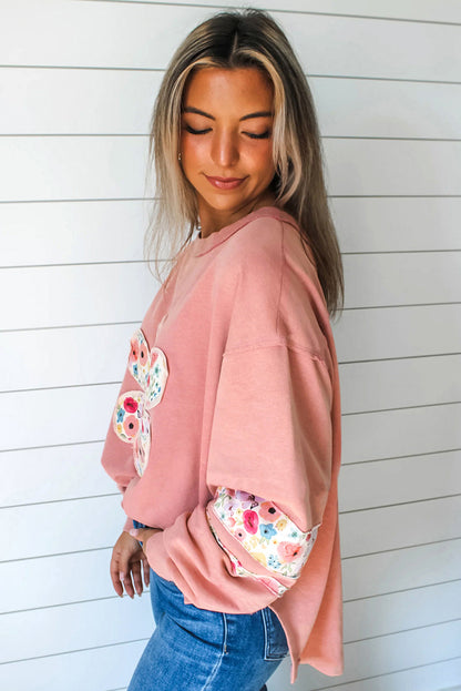 Peach Blossom Plus Size Floral Applique Drop Shoulder Sweatshirt