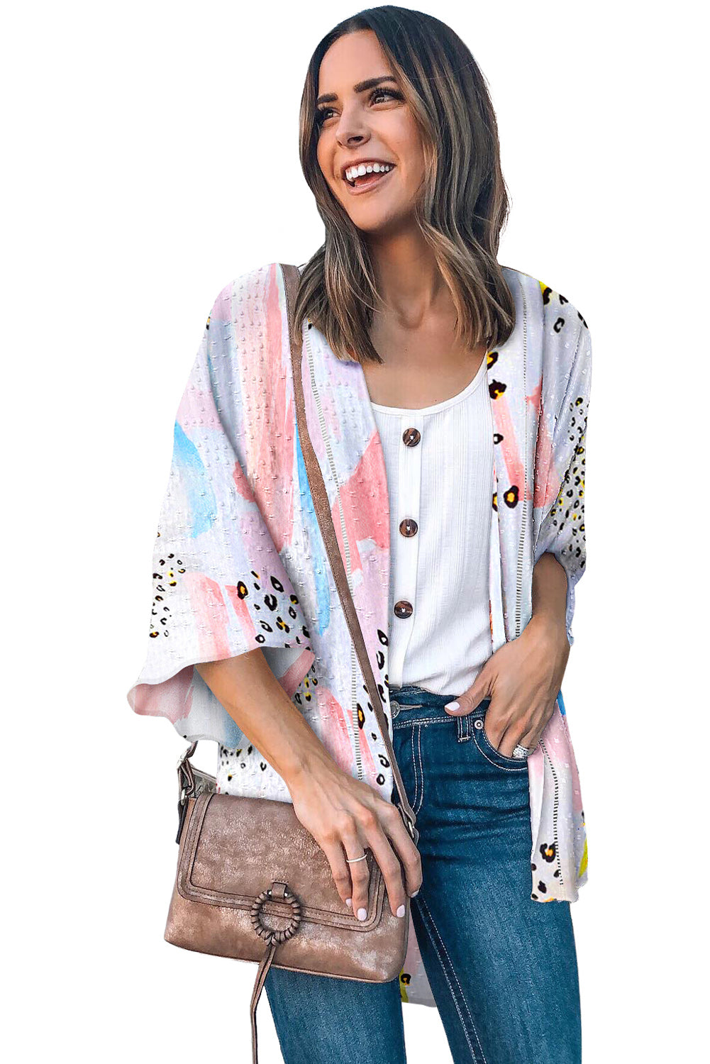 Kimono con manga acampanada y frente abierto con estampado floral 