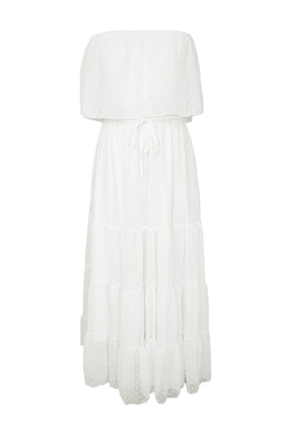 Yellow Yellow Off Shoulder Ruffle Swiss Dot Maxi Dress