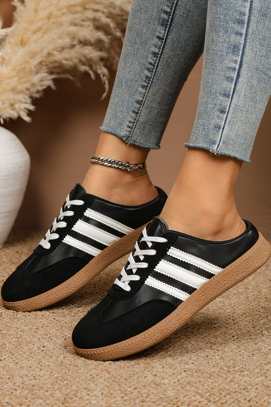 Color black PU Leather Color Block Varsity Lace Up Flat Shoes