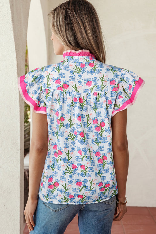 Rose Floral Print Color Block Striped Trim Flutter Sleeve Half Button Blouse