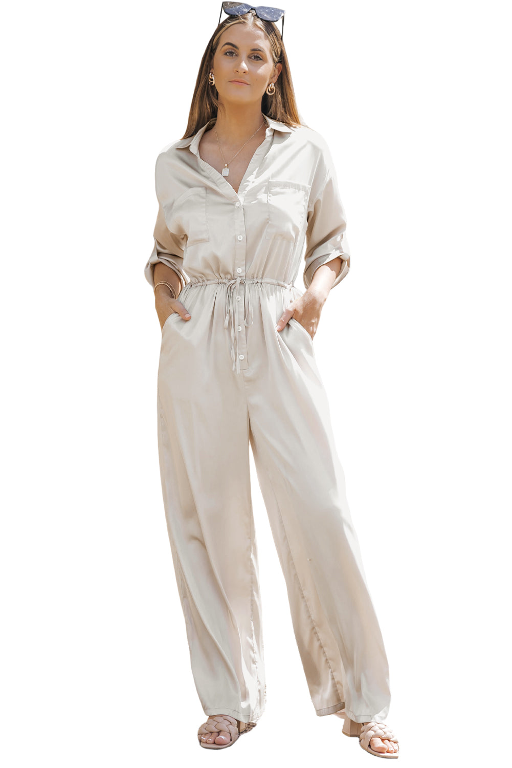 Combinaison à lacets, taille haute, manches longues, jambes larges 