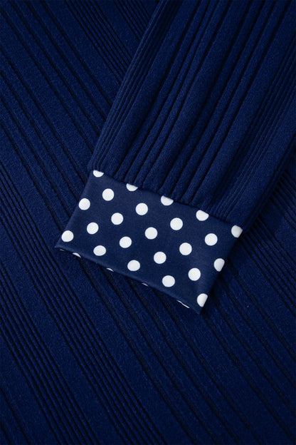 Dirty blue Polka Dot Trimmed V Neck Bow Tie Textured Ribbed Top