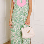 Green Floral Print Color Block Patchwork V Neck Short Sleeve Midi Dress