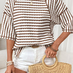 Brown Stripe Textured Knit Split Hem Half Sleeve Loose Top