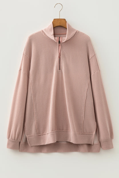 Oatmeal Twist Ribbed Zipper Collar Drop Shoulder Long Sleeve Top