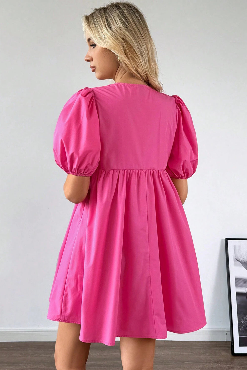 Sunny Angela Women's Solid Color Puff Sleeve Tie Front High Waist Mini Dress Sunny Angela Women's Solid Color Puff Sleeve Tie Front High Waist Mini Dress