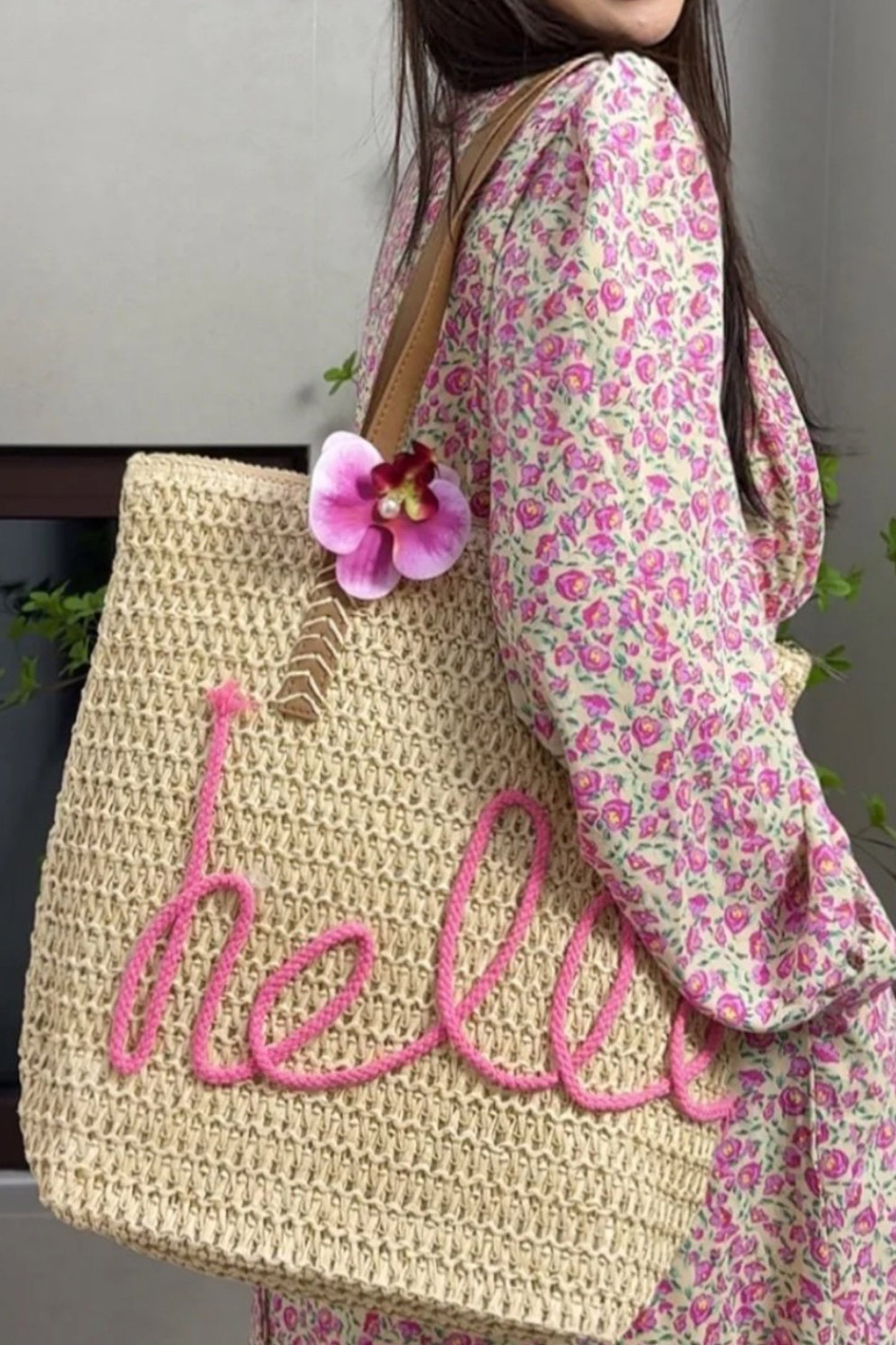 Khaki Hello Boho Handwoven Floral Accent Travel Tote Bag