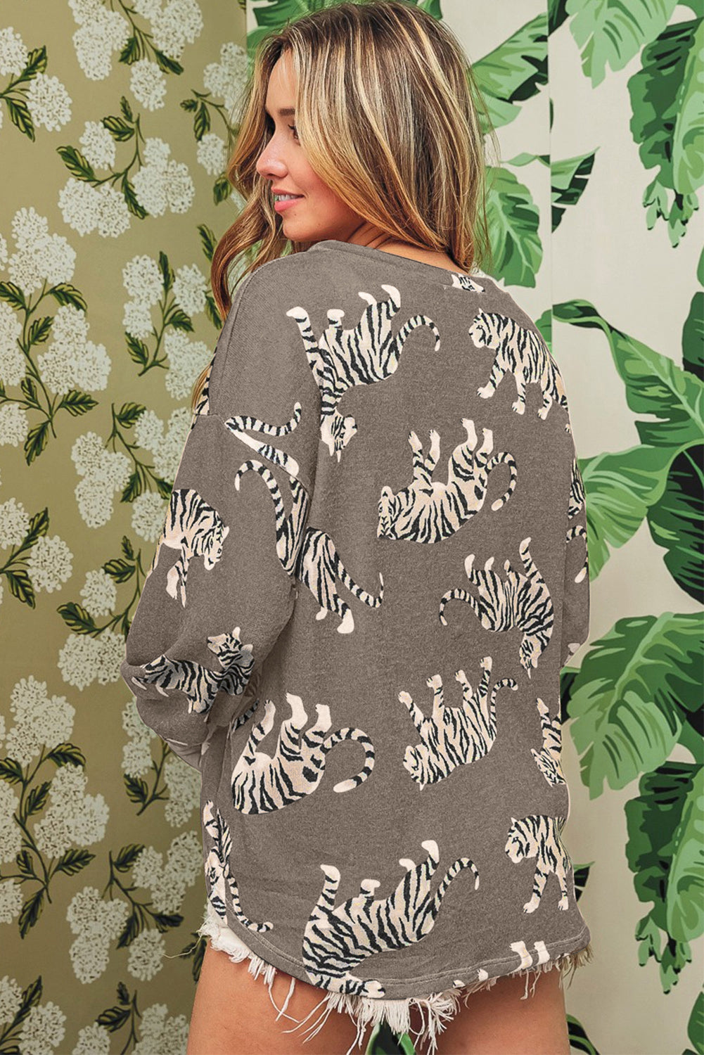 Sweat-shirt décontracté à imprimé léopard et tigre 