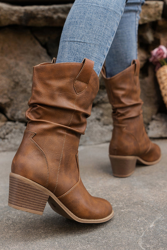 Chestnut Pleated Leather Block Heel Western Boots
