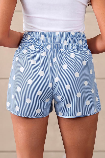 Sky Blue Polka Dot Print Shirred High Waist Casual Shorts