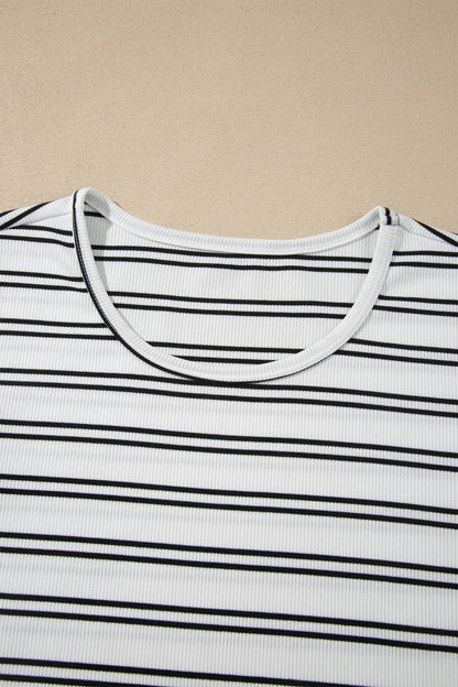 Beige Stripe Ribbed Knit Round Neck Long Sleeve Top