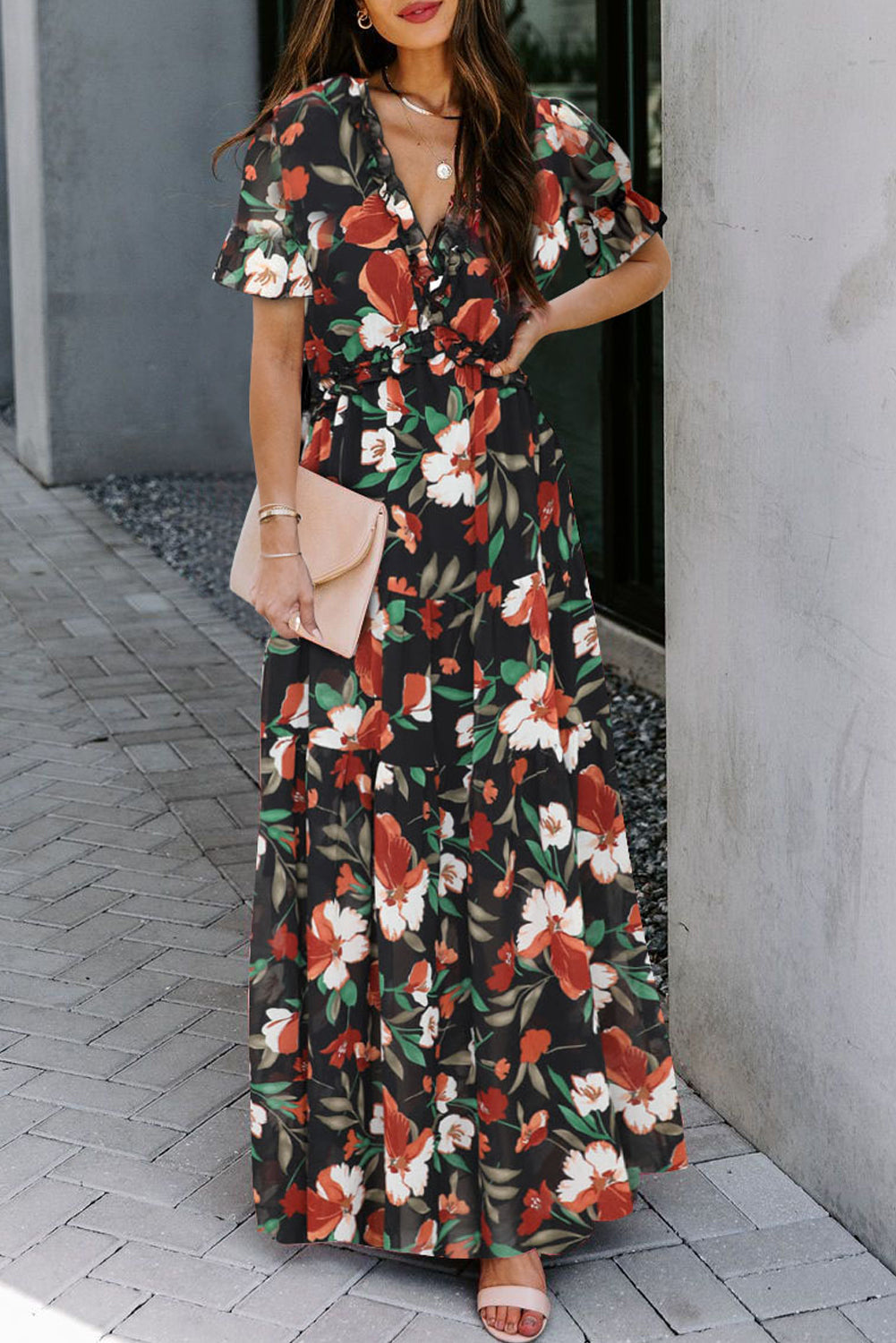 Black Fiery Floral Print Frilled V Neck Short Sleeve Maxi Dress
