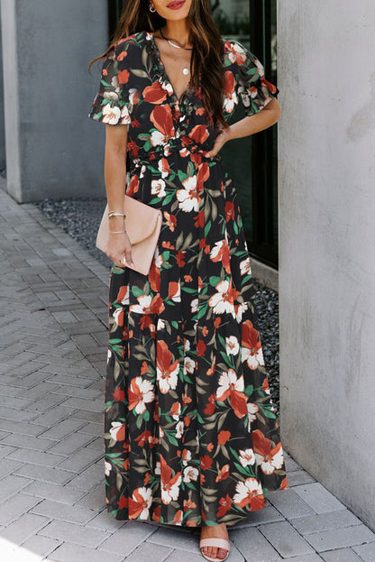 Black Fiery Floral Print Frilled V Neck Short Sleeve Maxi Dress