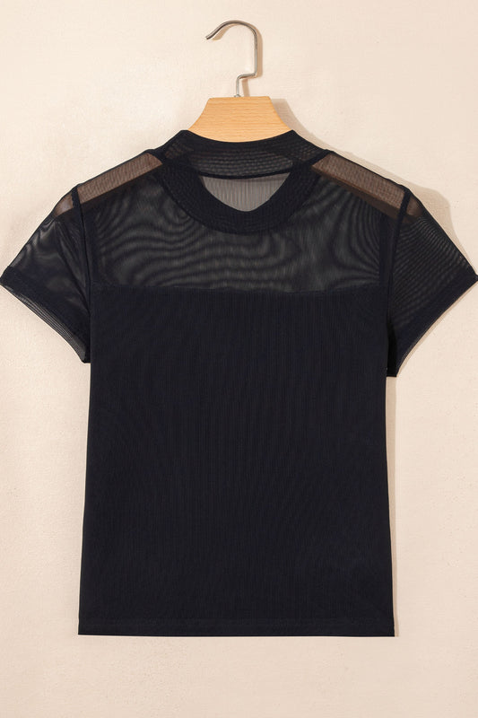 Black Plus Size Sheer Mesh Panel Short Sleeve Top