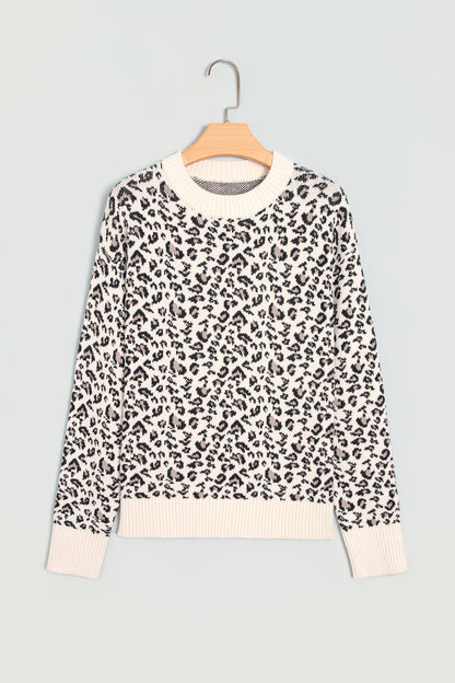 Beige Leopard Print Ribbed Color Block Trim Pullover Sweater