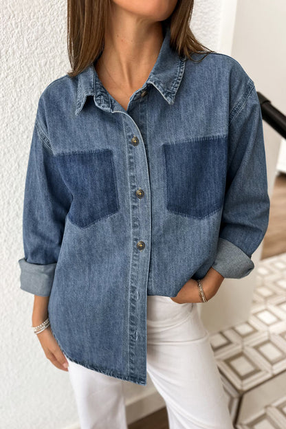 Sky Blue Color Block Pocket Detail Casual Button Down Denim Shirt