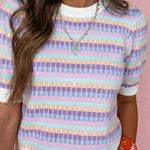 Purple Abstract Striped Knit Short Sleeve Sweater