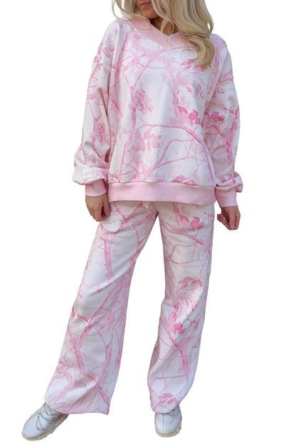 Pink Abstract Plant Print Long Sleeve V Neck Pant Set
