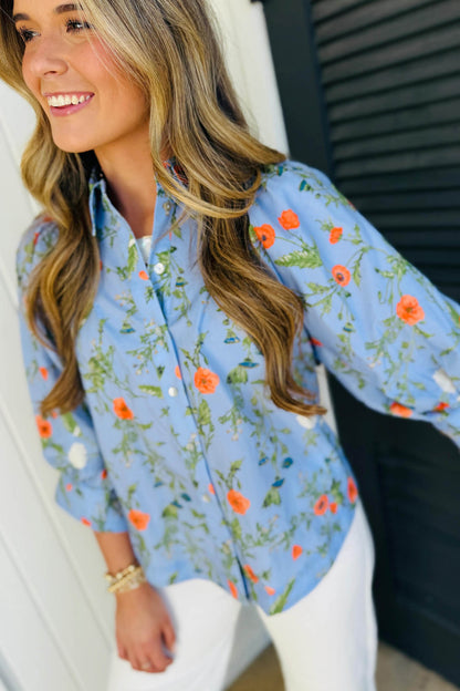 Sky Blue Floral Print Bracelet Sleeve Button Down Casual Shirt