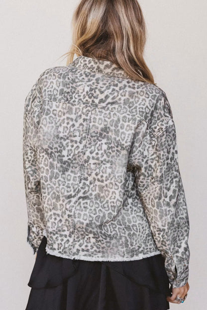 Khaki Leopard Print Studded Collar Studded Patch Pocket Denim Jacket