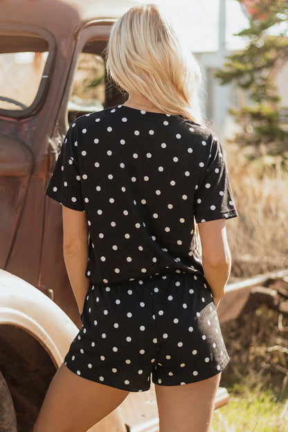 Yellow Polka Dot Short Sleeve Loose Top Drawstring Shorts Set
