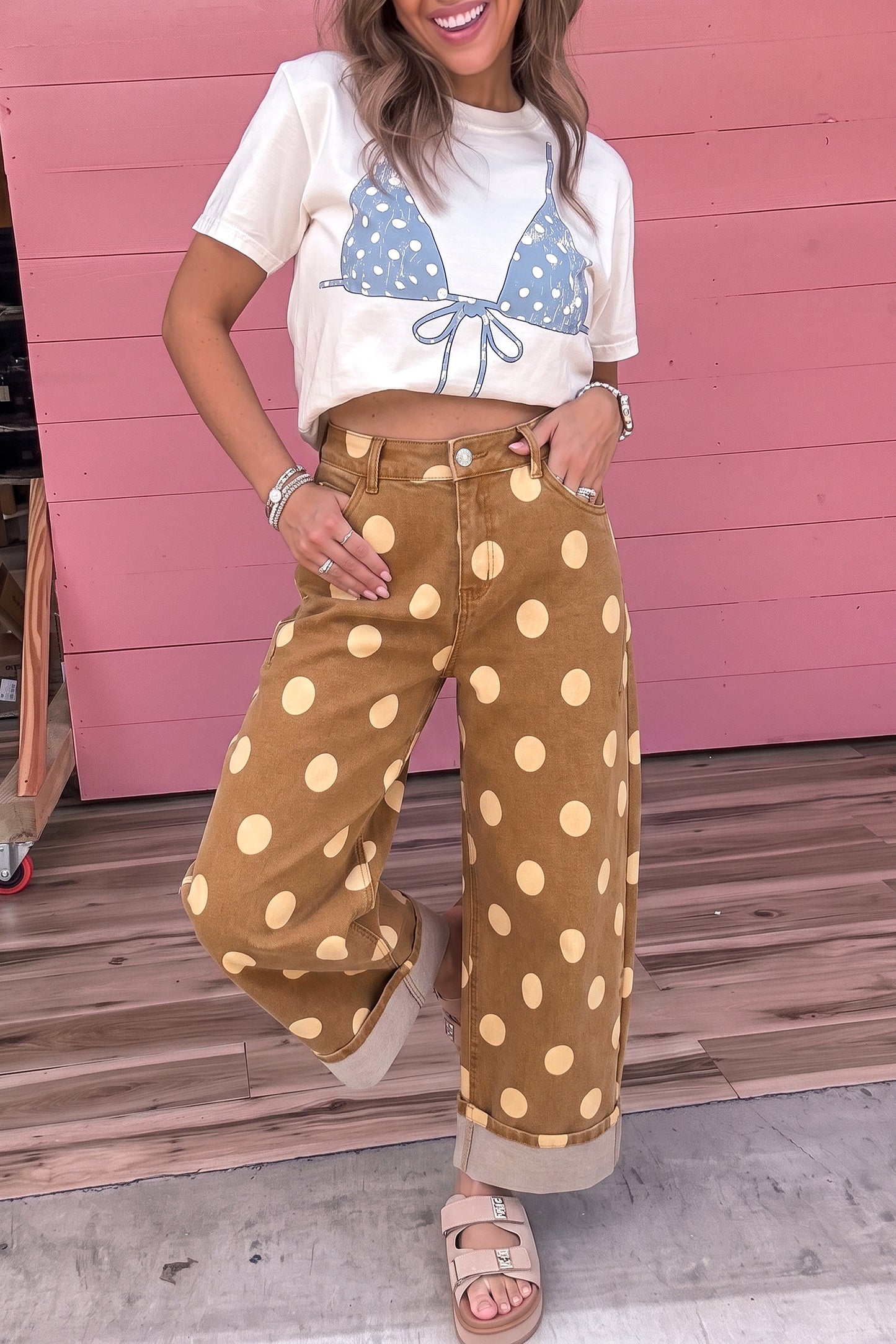 Brown Polka Dot Ankle-Length Metal Button Casual Jeans