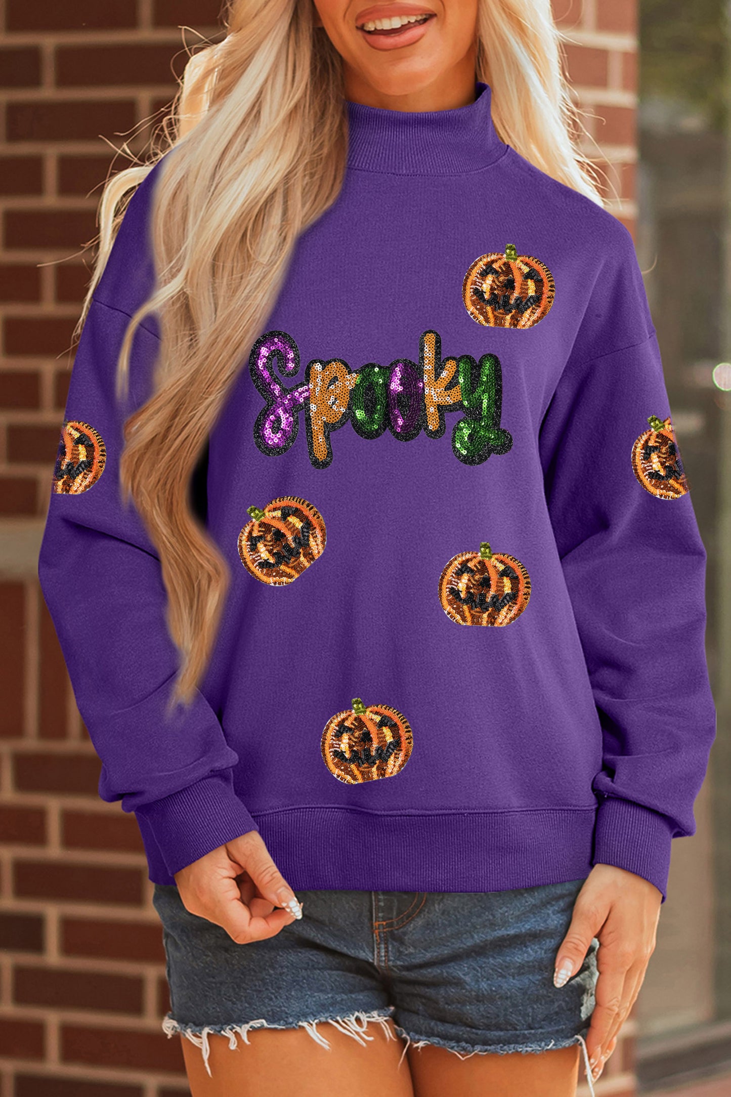 Tillandsia Purple Sequin Pumpkin Spooky Graphic Halloween Pullover Sweatshirt