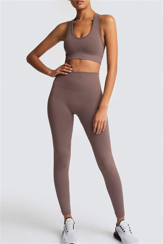 Dark Brown Solid Color Sports Bra and High Waist Leggings Active Set