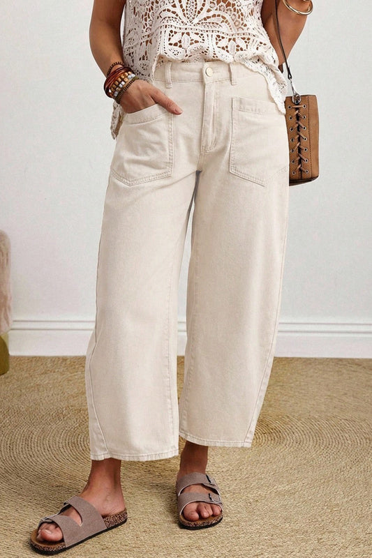 Beige Solid Color Square Patch Pocket Ankle-length Barrel Jeans