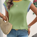 Grass Green Color Block Corded Knit Crew Neck Tee