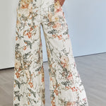 Beige Vintage Style Floral Print High Waist Wide Leg Jeans