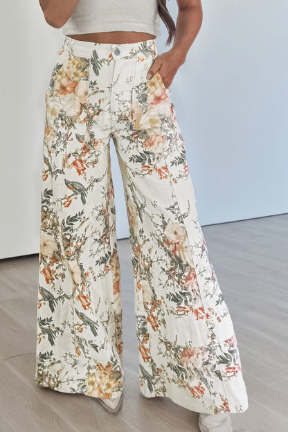 Beige Vintage Style Floral Print High Waist Wide Leg Jeans