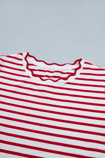 Red Stripe Scallop Trim Casual Top 2pcs Short Set