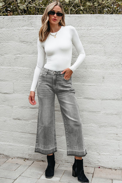 Gray Raw Hem Straight Leg Loose High Waist Jeans