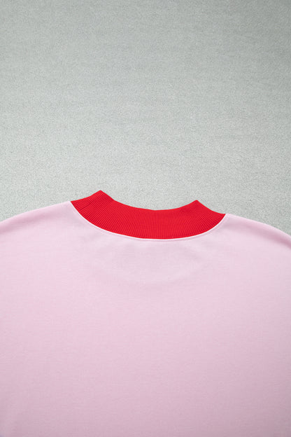 Pink Color Block Contrast Trim Plus Size Sweatshirt